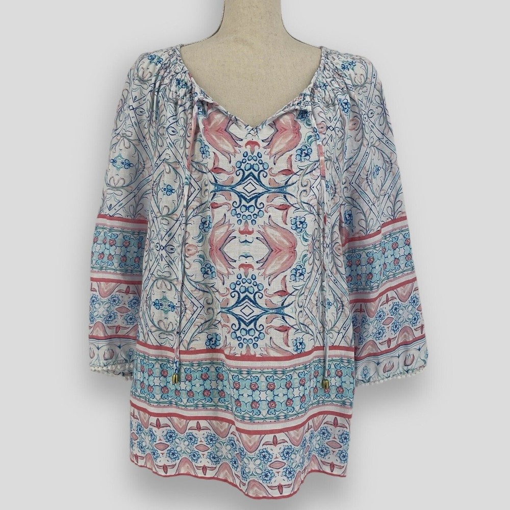 Charter Club Luxury Linen Womens Large Tunic Top 3/4 Sleeve Tie Neck Floral